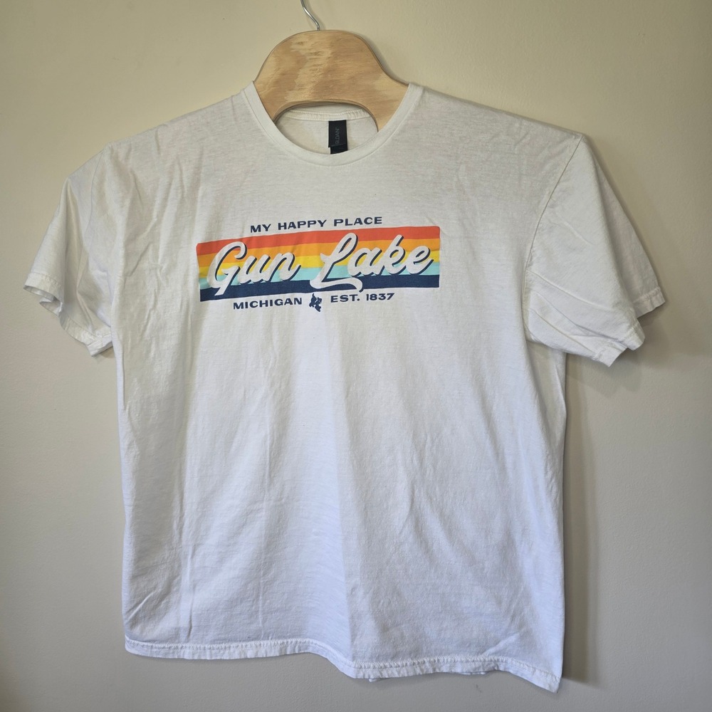 Gildan T-Shirt Unisex XL White Retro Gun Lake Michigan Graphic Tee Souvenir